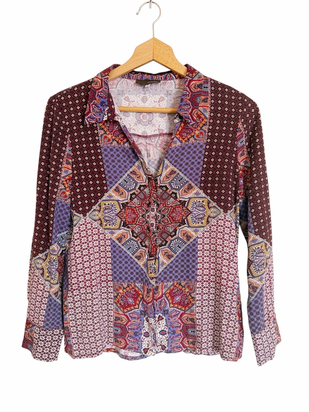 Crosby. Womens Patchwork Geometric Paisley Boho Long Sleeve Top size M
